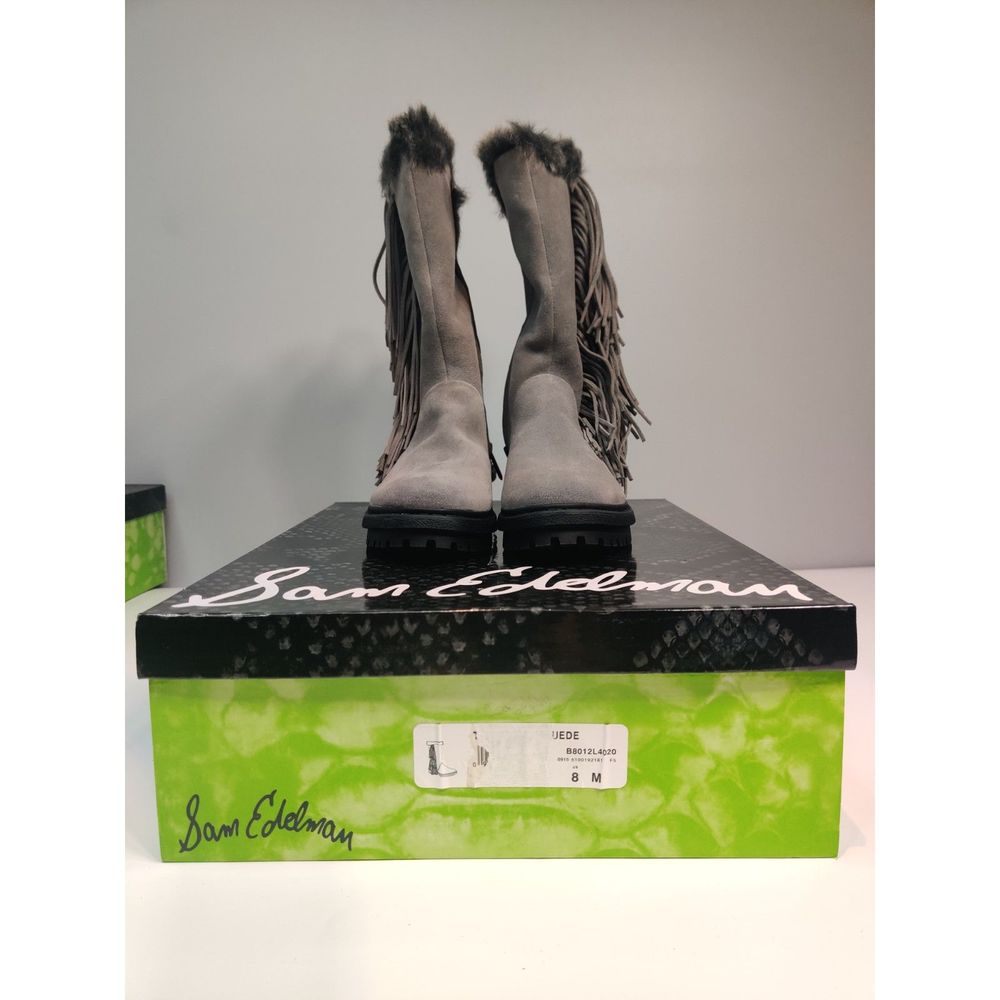 NIB Sam Edelman Fringe Faux Fur Lined Tilden Gray Suede Boots Size 8